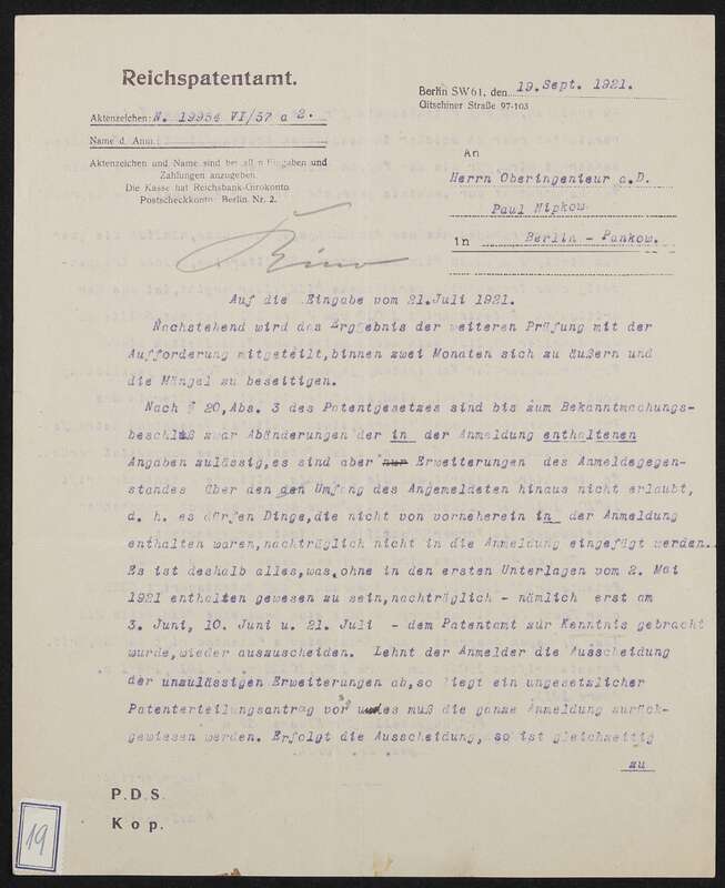 Schreiben zu Patentanmeldung N 19954 VI / 57a²  Aufnehmen und Wiedergeben bewegter Bilder mit stetiglaufendem Bildband, Aufforderung zur Stellungnahme