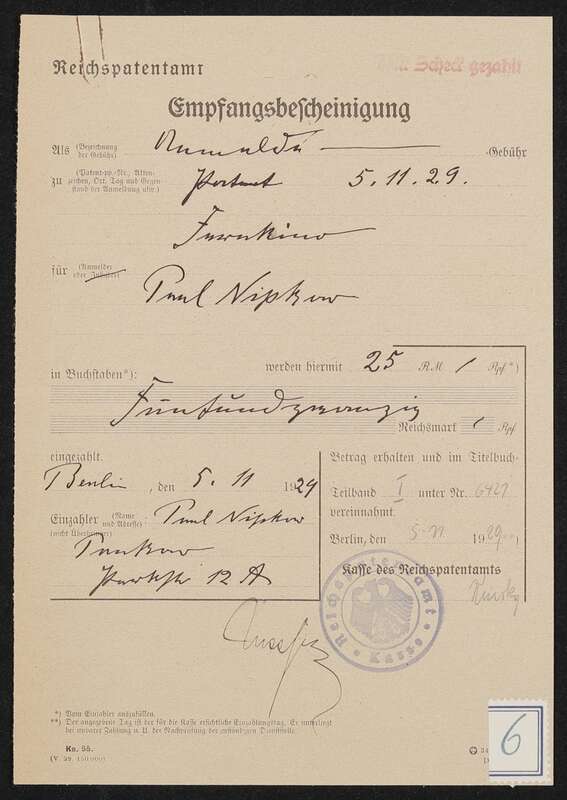 Empfangsbestätigung über die Anmeldegebühr von Patentanmeldung N 30972 IX / 57a² Fernkino mit stetig laufendem Bildband