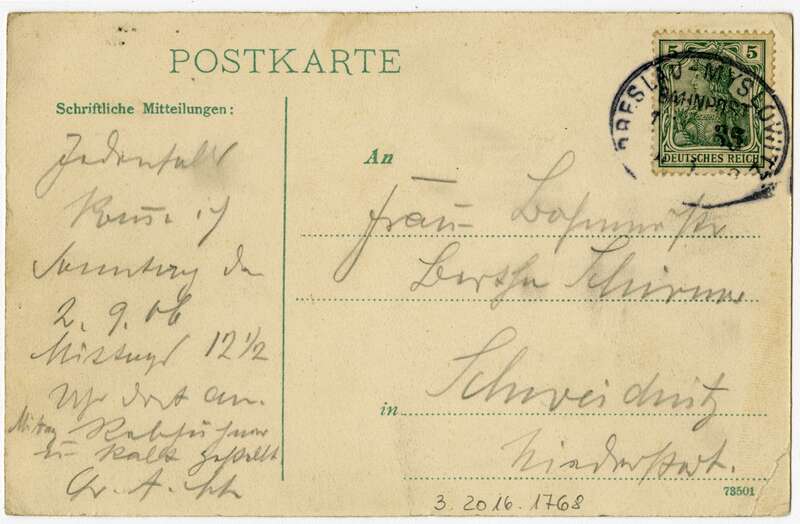 Ansichtspostkarte. Beuthen/Oberschlesien, Bahnhof, mit rückseitigem Bahnpoststempel des Bahnpostkurses Breslau - Myslowitz, gelaufen