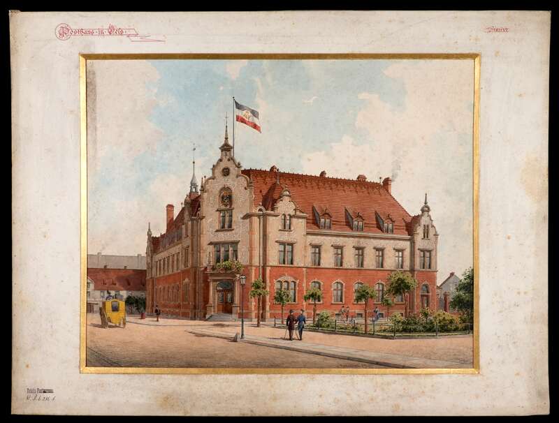 Architekturzeichnung / Ansicht vom Post- und Telegrafengebäude in Oels <Prov. Schlesien, OPD Breslauundefined, 1 Blatt aquarellierte Federzeichnung
