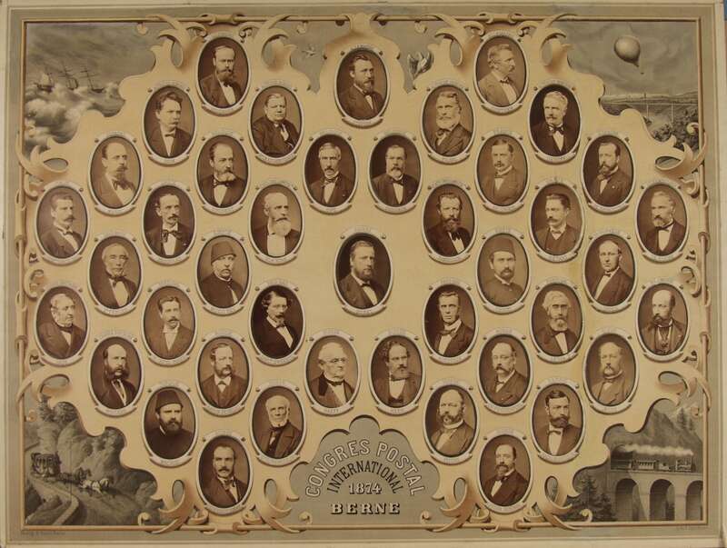 Vorlage für Fotogravüre mit den Teilnehmern des ersten Weltpost-Kongresses in Bern 1874
