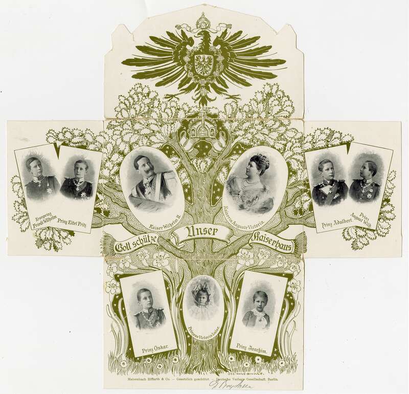 Ansichtspostkarte, Künstlerpostkarte, Drucksache, Die Besten Grüsse, Insignien des Deutschen Kaiserhauses und Porträts der Mitglieder der Kaiserfamilie, gelaufen