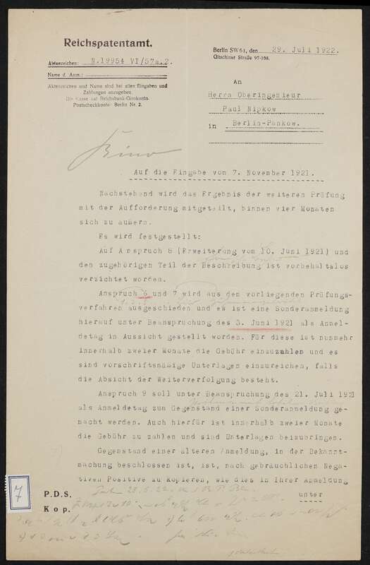 Schreiben  zu Patentanmeldung N 19954 VI / 57a² Aufnehmen und Wiedergeben bewegter Bilder mit stetiglaufendem Bildband, Aufforderung zur Abänderung der Beschreibung mit Notizen in Stenografie