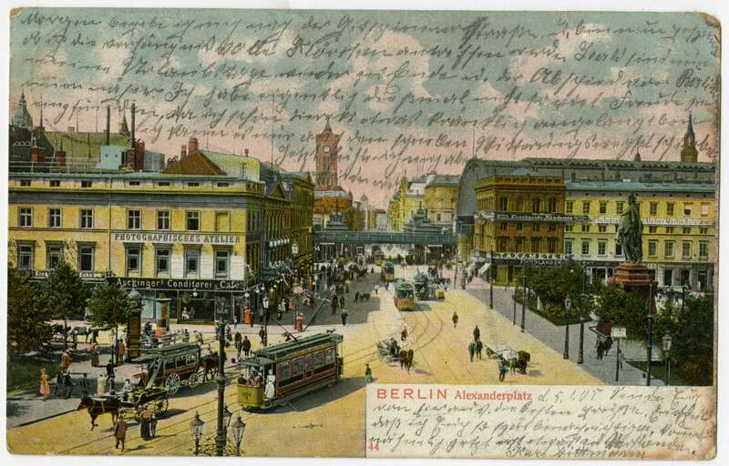 Ansichtspostkarte. Berlin, Alexanderplatz, mit Straßenbahn, gelaufen