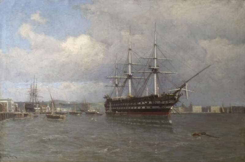 Vollbild anzeigen Gemälde, Kabelschiff Agamemnon im Hafen von Greenwich