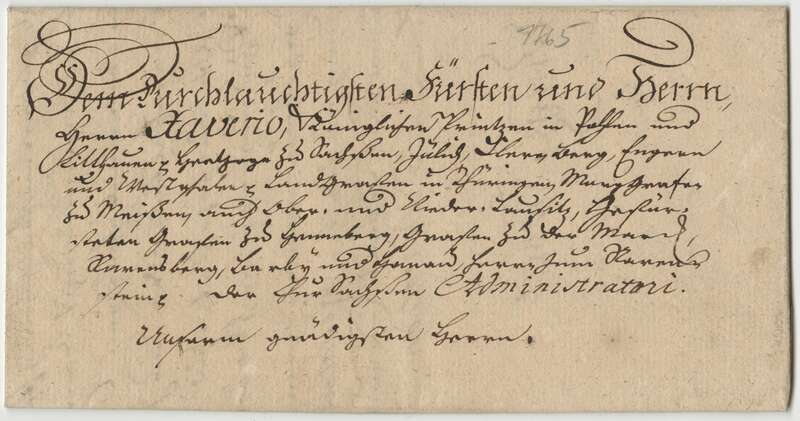 Altbrief, Brief mit Briefinhalt an Prinz Xaver von Sachsen in Dresden, betr. Beschwerde von Raphael und Michael Hertz aus Schleusingen, dass der Obrist-WachtMeister von Mayers die austehenden 61 Thaler für Hafer und Heu noch nicht gezahlt hat