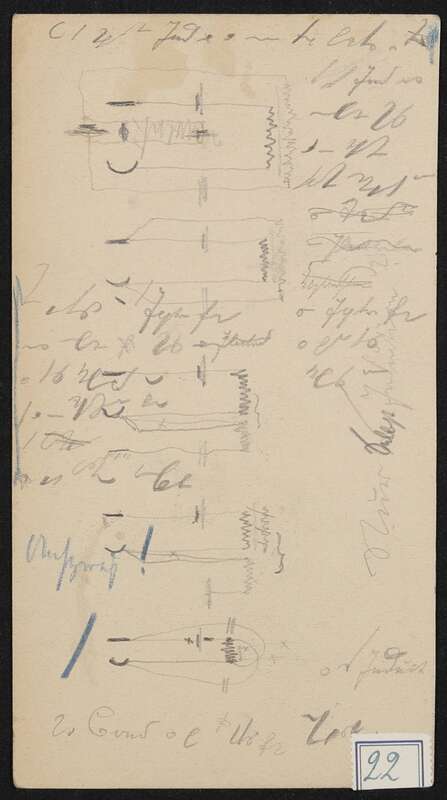 Skizze mit handgezeichneten Schaltplänen und Anmerkungen in Stenografie