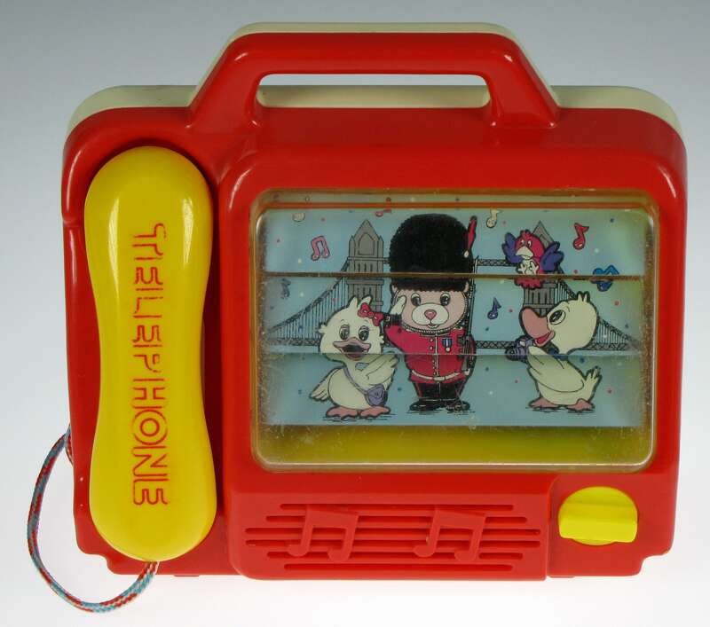 Spielzeug-Bildschirmtelefon mit Spieluhr und wechselnden Bildern im Bildschirm
