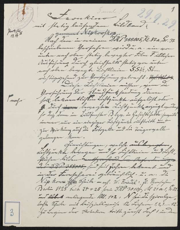 Manuskript zu Patentanmeldung N 30972 IX / 57a² Fernkino mit stetig laufendem Bildband