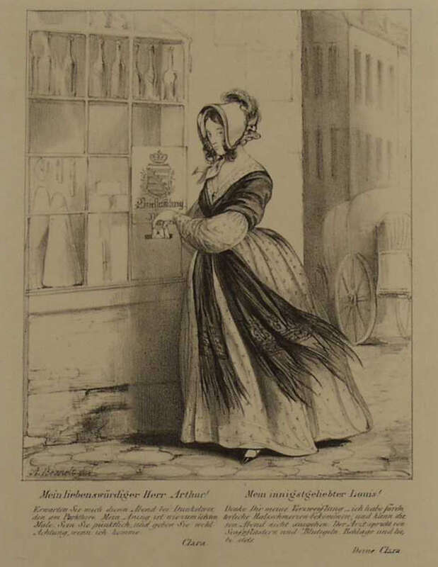 Vollbild anzeigen Lithografie Am Briefkasten (Mein liebenswürdiger Herr Arthur. Mein innigstgeliebter Louis!)