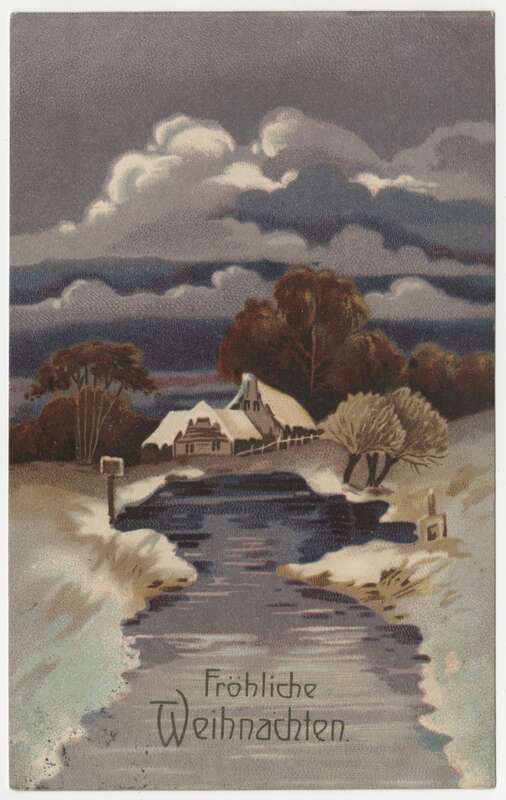 Ansichtspostkarte. Künstlerpostkarte, Fröhliche Weihnachten, Landschaft mit Haus im Schnee, gelaufen