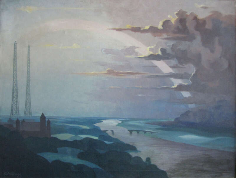 Gemälde Funkbrücke - Funkwellen überbrücken Entfernungen mit dem Sender Heilsberg in Ostpreußen