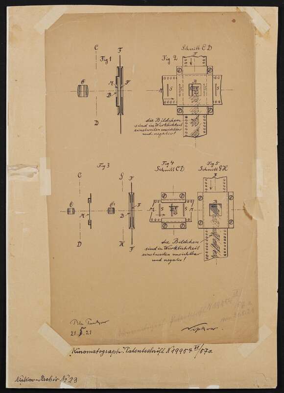 DRP 388005 (N 19954 VI / 57a²) Aufnehmen und Wiedergeben bewegter Bilder mit stetig laufendem Bildband (Fernkinomatograph) - technische Zeichnung für die Patentanmeldung [mit erheblichen Abweichungen zur späteren Druckfassung]
