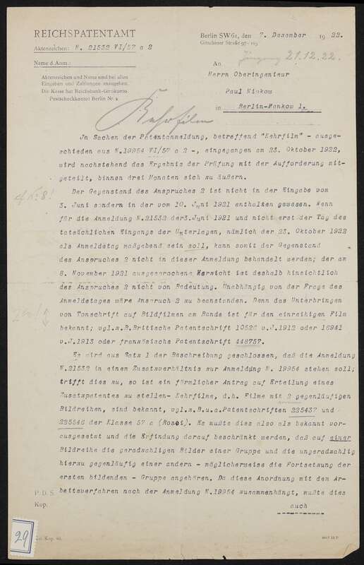 Schreiben zu Zusatz N 21532 VI / 57a² Kehrfilm zu DRP 388005 (N 19954 VI / 57a²) Fernkinomatograph, Einladung zu mündlicher Verhandlung