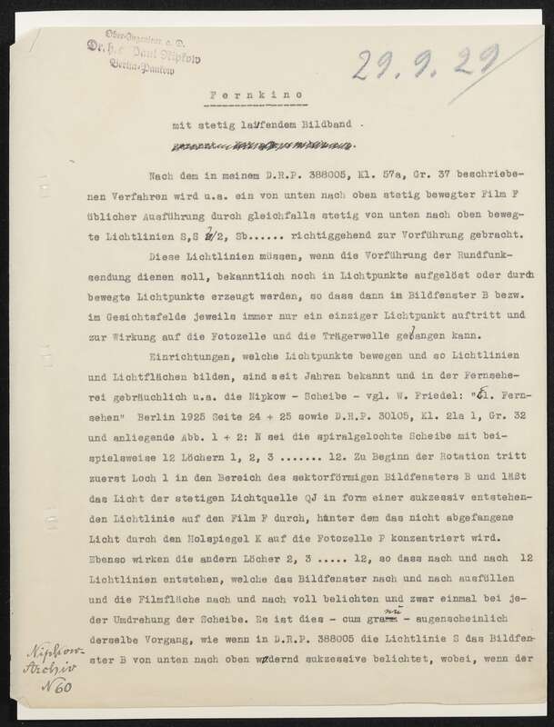 Patentanmeldung N 30972 IX / 57a² Fernkino mit stetig laufendem Bildband -maschinenschriftliches Manuskript der Anmeldung, 5 Blätter