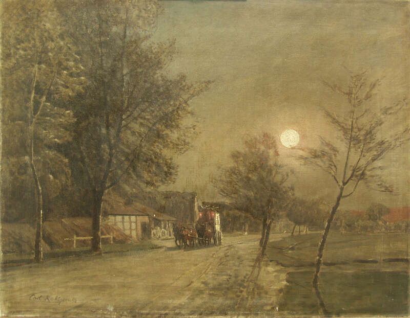 Vollbild anzeigen Gemälde Postkutsche in einer Vollmondnacht