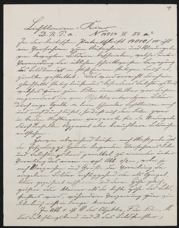 Manuskript, Patentanmeldung N 19954 VI / 57a² (DRP 388005) Aufnehmen und Wiedergeben bewegter Bilder mit stetiglaufendem Bildband