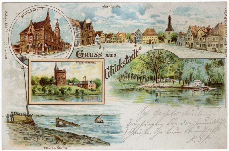 Ansichtspostkarte, Gruß aus Glückstadt, Mehrfachansicht, Marktplatz, Postgebäude der Kaiserlich Deutschen Reichspost, Wasserturm, Elbe bei Sturm, gelaufen