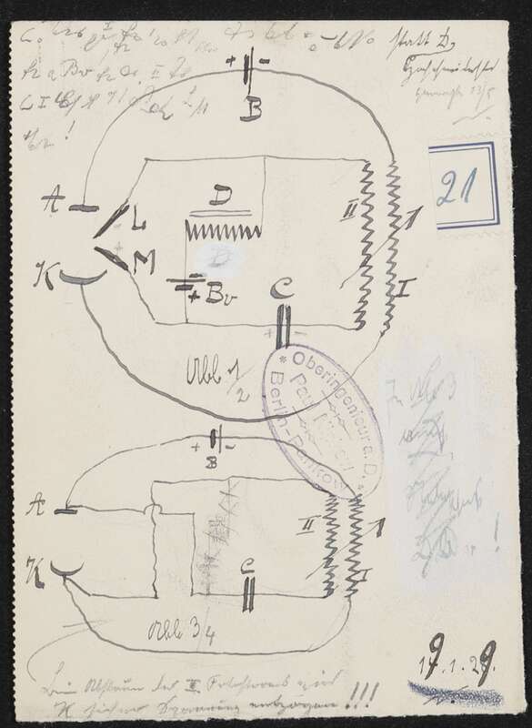 technische Skizze mit zwei Schaltplänen und Anmerkungen in Stenografie und Kurrentschrift