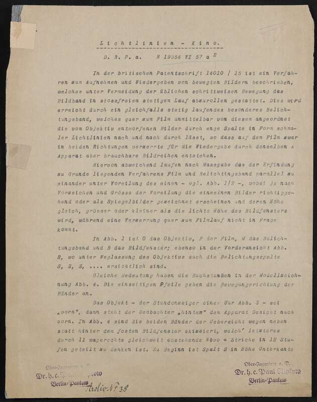 DRP 388005 (N 19954 VI / 57a²) Aufnehmen und Wiedergeben bewegter Bilder mit stetiglaufendem Bildband (Fernkinomatograph, hier als Lichtlinienkino bezeichnet) - Abschrift der Patentanmeldung, 5 Blätter