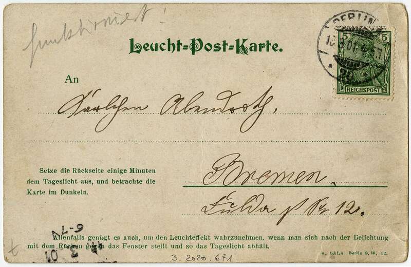 Ansichtspostkarte. Radiumansichtskarte, Halte-gegen-das-Licht-Karte, Gruss aus, Wasserfall im Viktoriapark Berlin/Kreuzberg, gelaufen