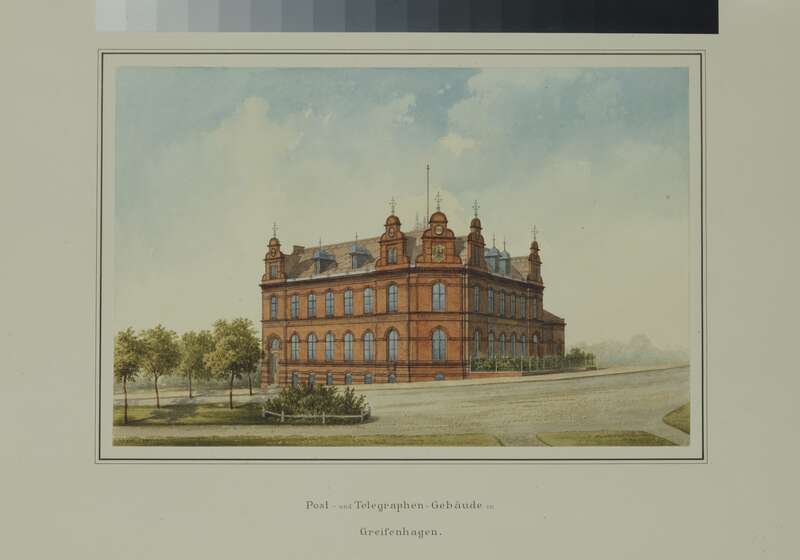 Ansicht vom Post- und Telegrafengebäude in Greifenhagen <Prov. Pommern, OPD Stettinundefined, 1 Blatt aquarellierte Zeichnung