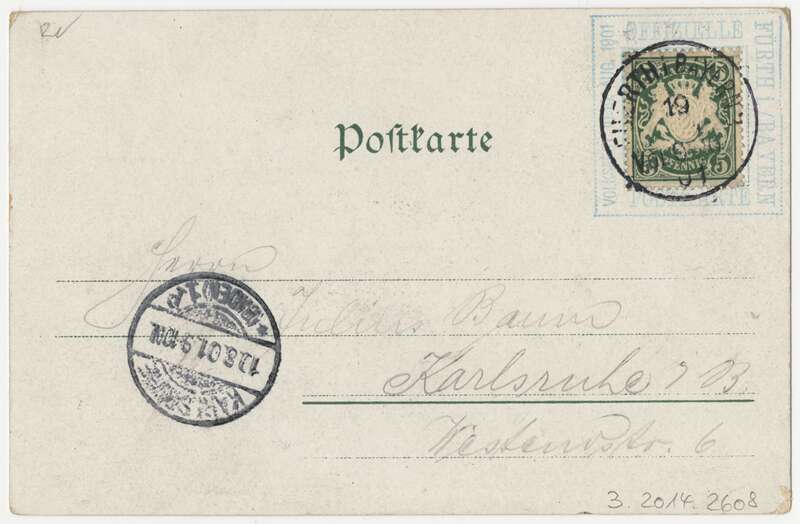 Ansichtspostkarte. Offizielle Postkarte des Volksfestes Fürth i./B., Ansicht des Festgeländes und Gesamtansicht von Fürth, gelaufen