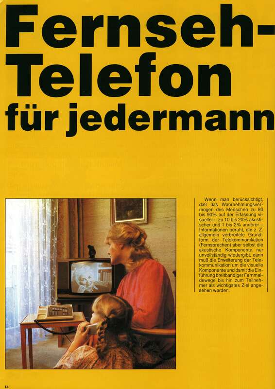 Farbbroschüre „Die Glasfaser – Eine neue Technologie revolutioniert die Telekommunikation – BIGFON, darin  S. 14 Fernseh-Telefon für jedermann