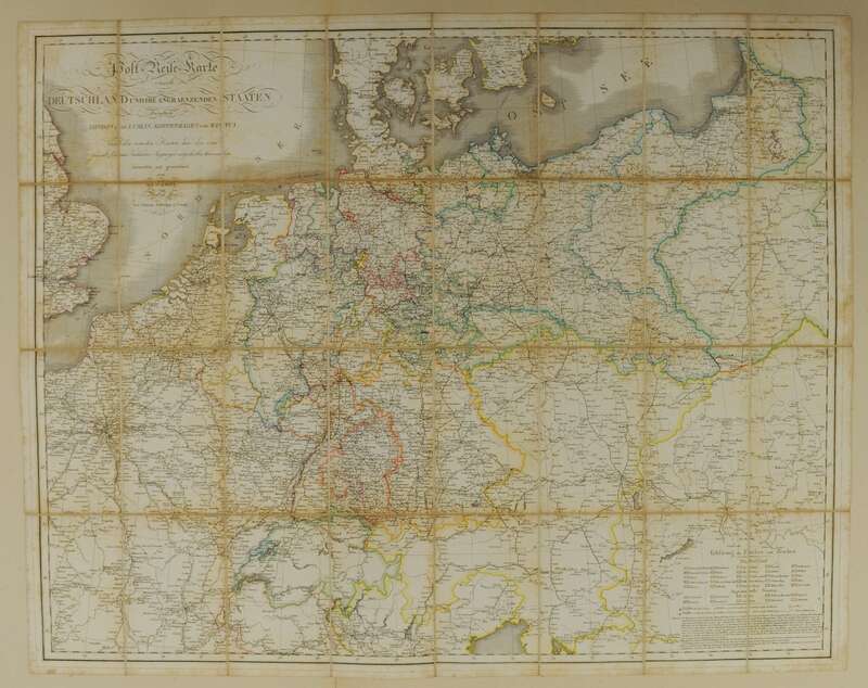 Karte, Titel: Post-Reise-Karte durch Deutschland und die angraenzenden Staaten zwischen London und Lublin, Koppenhagen und Mantua, Nach den neuesten Karten und den vom General Postamts Kalkulator Siegmeyer mitgetheilten Materialien entworfen [...]