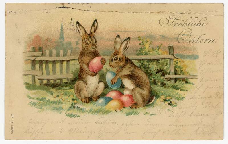 Ansichtspostkarte, Föhliche Ostern., Hasenpaar mit Ostereiern, gelaufen
