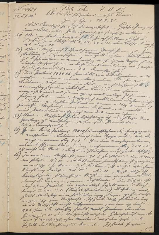 Brief mit Stellungnahme zu Patentanmeldung N 19954 VI / 57a² (DRP 388005) Aufnehmen und Wiedergeben bewegter Bilder mit stetiglaufendem Bildband