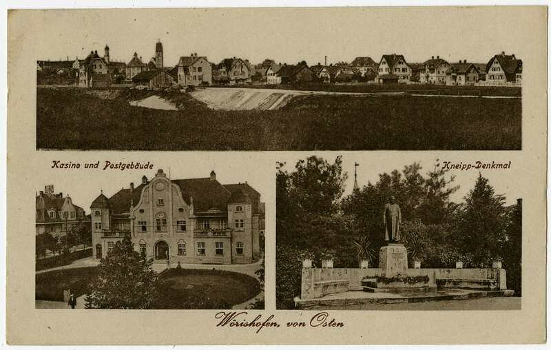 Ansichtspostkarte. Wörishofen, Mehrfachansicht: Außenansicht des Postgebäudes der Deutschen Reichspost, Kneipp-Denkmal und Gesamtansicht von Osten, gelaufen