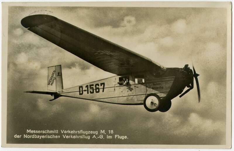 Ansichtspostkarte. Fotoansichtskarte, Messerschmitt Verkehrsflugzeug M. 18 der Norddeutschen Verkehrsflug A.-G. im Fluge, gelaufen
