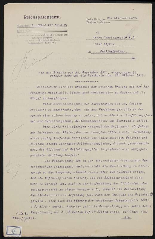 Schreiben zu Patentanmeldung N 19954 VI / 57a²  Aufnehmen und Wiedergeben bewegter Bilder mit stetiglaufendem Bildband, Ergebnis weiterer Prüfung