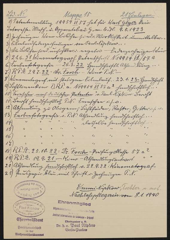 Inhaltsliste Arbeitsmappe Nr. 15: DRP 388005 (N 19954 VI / 57a²) Aufnehmen und Wiedergeben bewegter Bilder mit stetiglaufendem Bildband (Fernkinomatograph), 2 Blätter