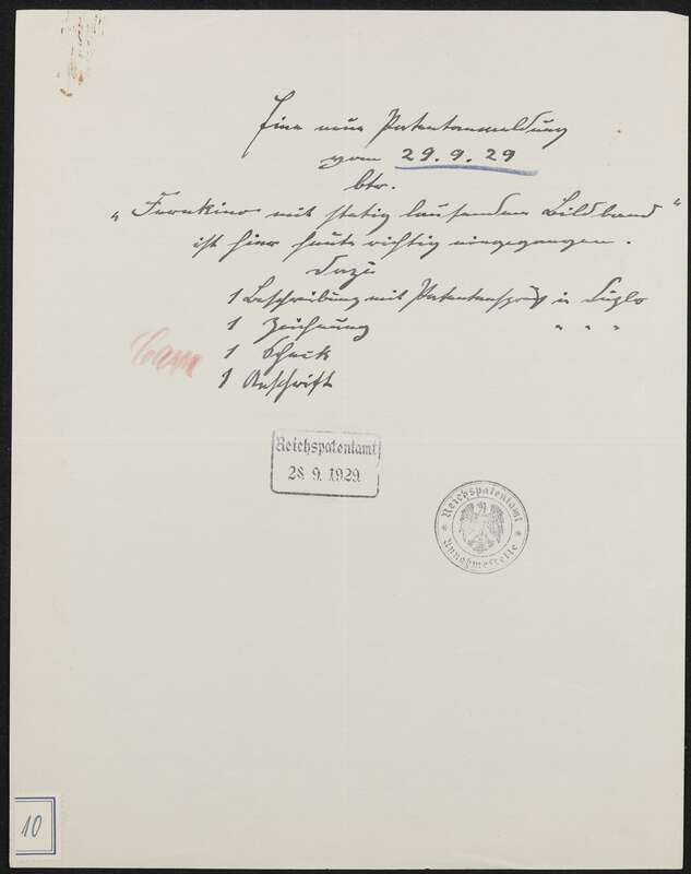 Eingangsbestätigung der Patentanmeldung N 30972 IX / 57a² Fernkino mit stetig laufendem Bildband