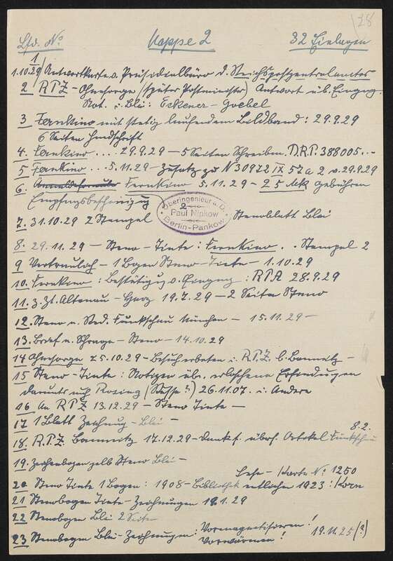 Inhaltsliste Arbeitsmappe Nr. 2: DRP 388005 (N 19954 VI / 57a²) Fernkinomatograph und Patentanmeldung N 21532 VI / 57a² Kehrfilm, 3 Blätter