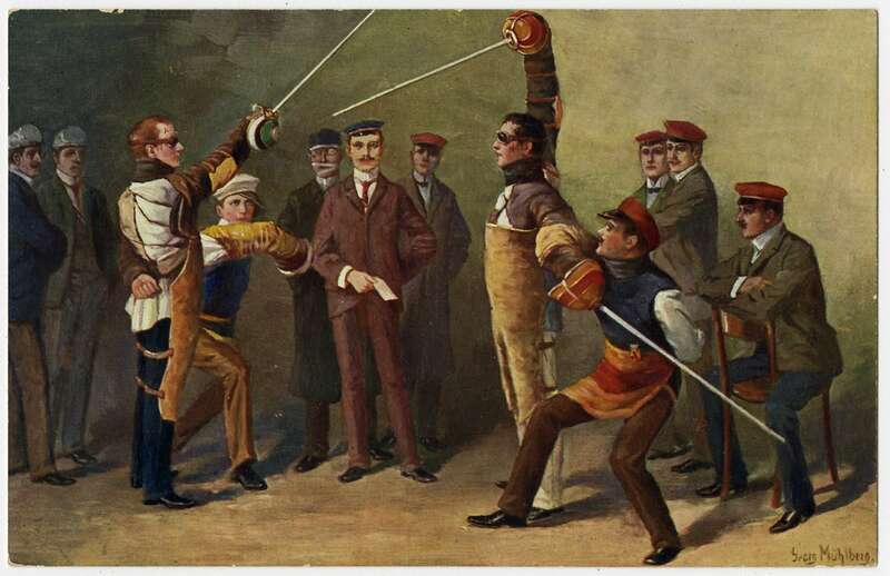 Ansichtspostkarte. Künstlerpostkarte, Studentika, Auf die Mensur., Studenten beim Mensurfechten, ungelaufen