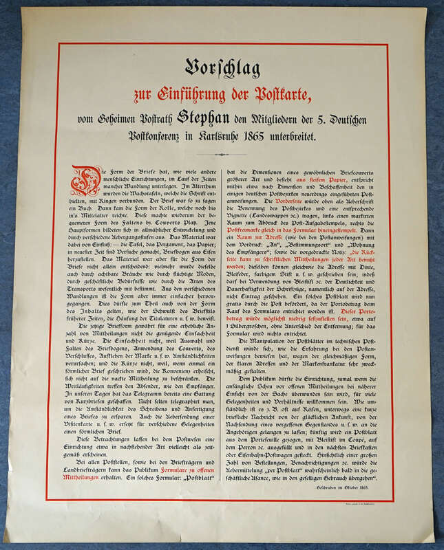 Archivalie, Jubiläumsdruck (?) Vorschlag zur Einführung der Postkarte, auf Grundlage eines Vorschlags durch Heinrich Stephan (später Heinrich von Stephan) den er den Mitgliedern der 5. Deutschen Postkonferenz in Karlsruhe 1865 unterbreitete.