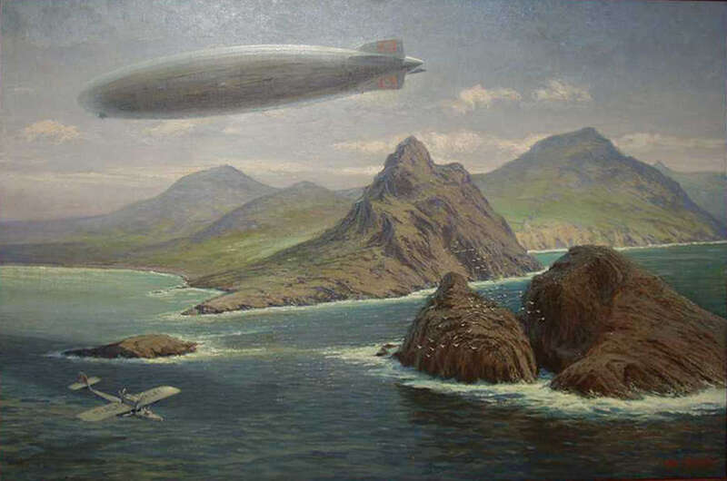 Vollbild anzeigen Gemälde Luftpost / Zeppelin-Luftschiff LZ 129 mit Dornier-Flugboot über der brasilianischen Insel Fernando de Noronha