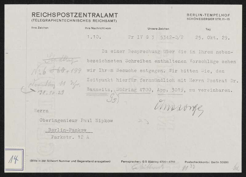 Einladung zur Diskussion über Vorschläge Nipkows vom 1.10.29