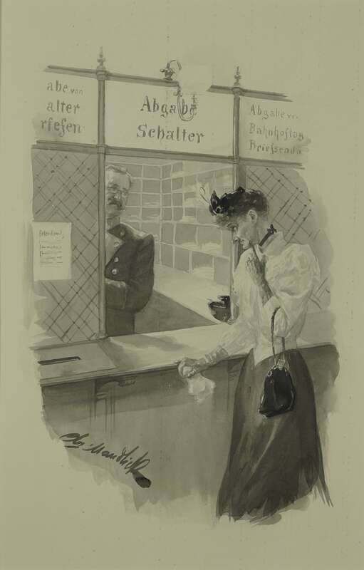 Vollbild anzeigen Zeichnung Vornehme Dame fragt am Abgabeschalter nach einem postlagernden Brief
