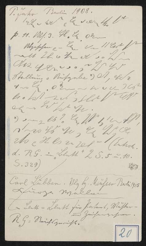 Entleihkarte der Preußischen Staatsbibliothek, auf der Rückseite Notizen zu verschiedenen Büchern in Stenografie