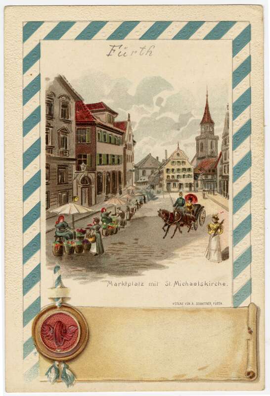 Ansichtspostkarte, Fürth, Marktplatz mit St. Michaelskirche, umrahmt von einem weiß-blauen Band mit Lacksiegeldarstellung, gelaufen