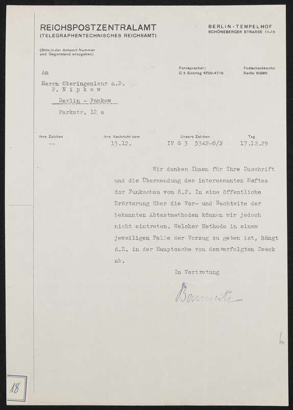 Brief, Abschlägiger Bescheid über Diskussion der Vor- und Nachteile der Bildabtastmethoden