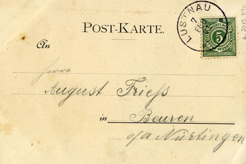 Postkarte von Grete Kottler in Tübingen-Lustnau an August Frieß in Beuren mit Nachricht in verschlüsselter Schrift