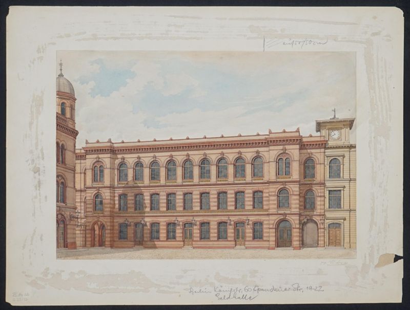 Architekturzeichnung / Ansicht von der Geldhalle des Hof-Postamtes Berlin, Königstraße 60, 1 Blatt aquarellierte Zeichnung