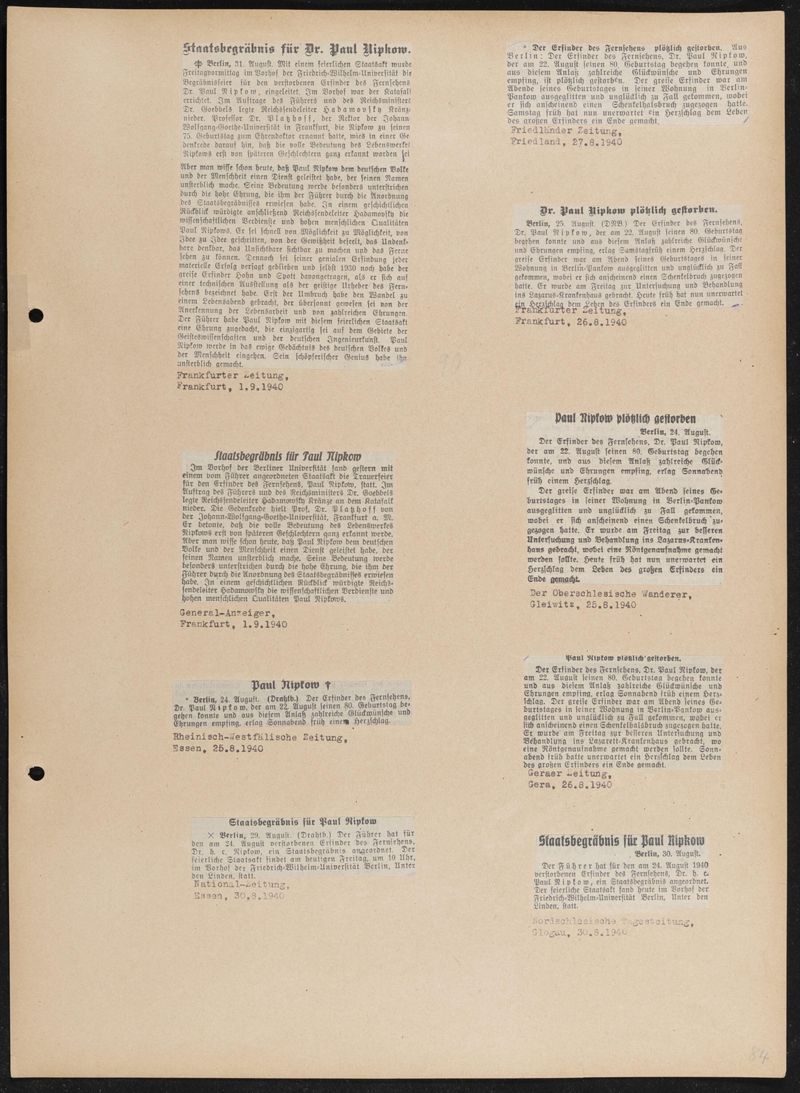 Album mit 625 Zeitungsartikeln und Pressebildern vom 70., 75. und 80. Geburtstag von Paul Nipkow und vom Staatsakt in der Universität Berlin im August 1940, 101 Bögen