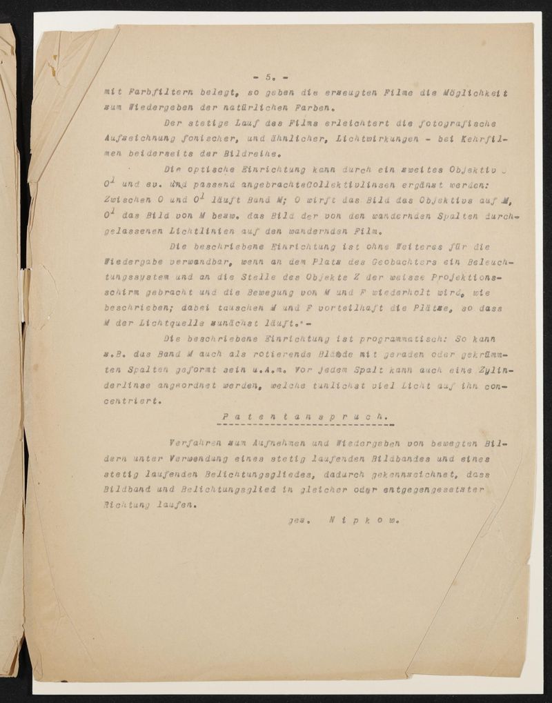 Typoskript der Patentanmeldung N 21532 VI / 57a²  Kehrfilm