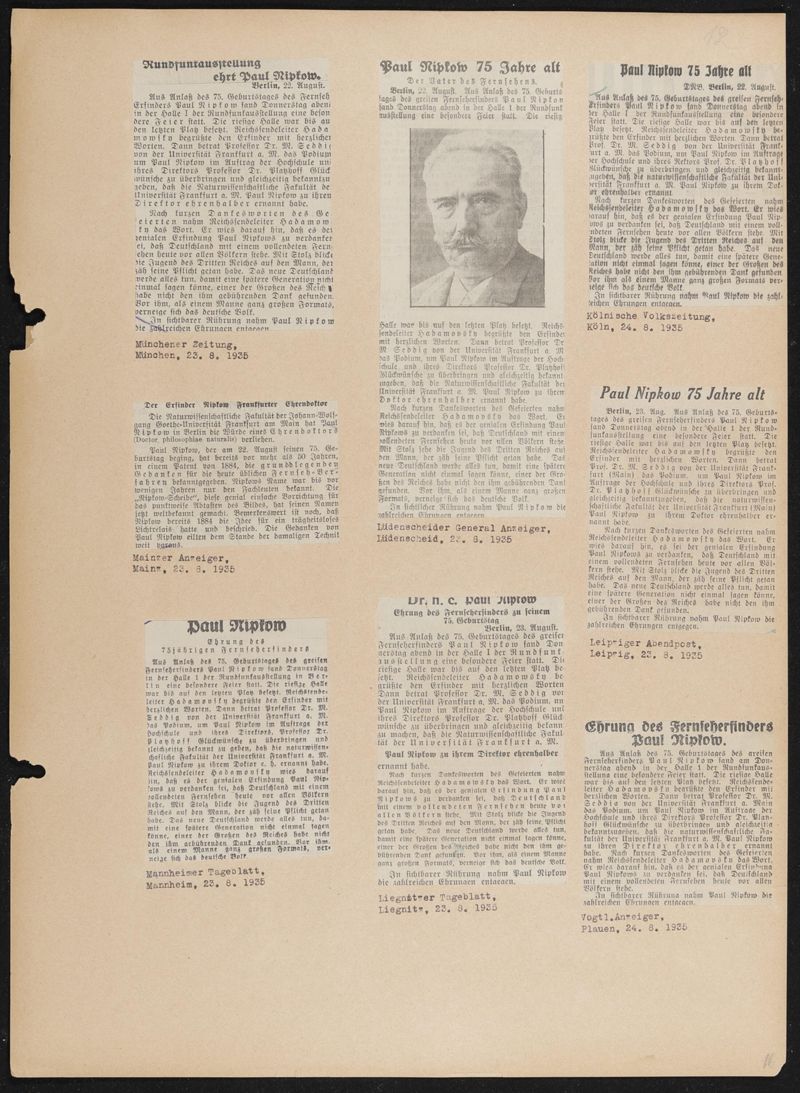 Album mit 625 Zeitungsartikeln und Pressebildern vom 70., 75. und 80. Geburtstag von Paul Nipkow und vom Staatsakt in der Universität Berlin im August 1940, 101 Bögen